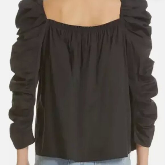 Kate Spade | Black Ruched Puff Sleeve Square-Neck Poplin Blouse Top, size 12 - Picture 4 of 9